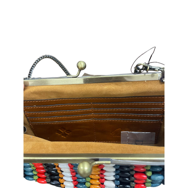 Colorful Beaded Chain Strap Handbag With Tan Leather Back & Kiss-Lock Closure