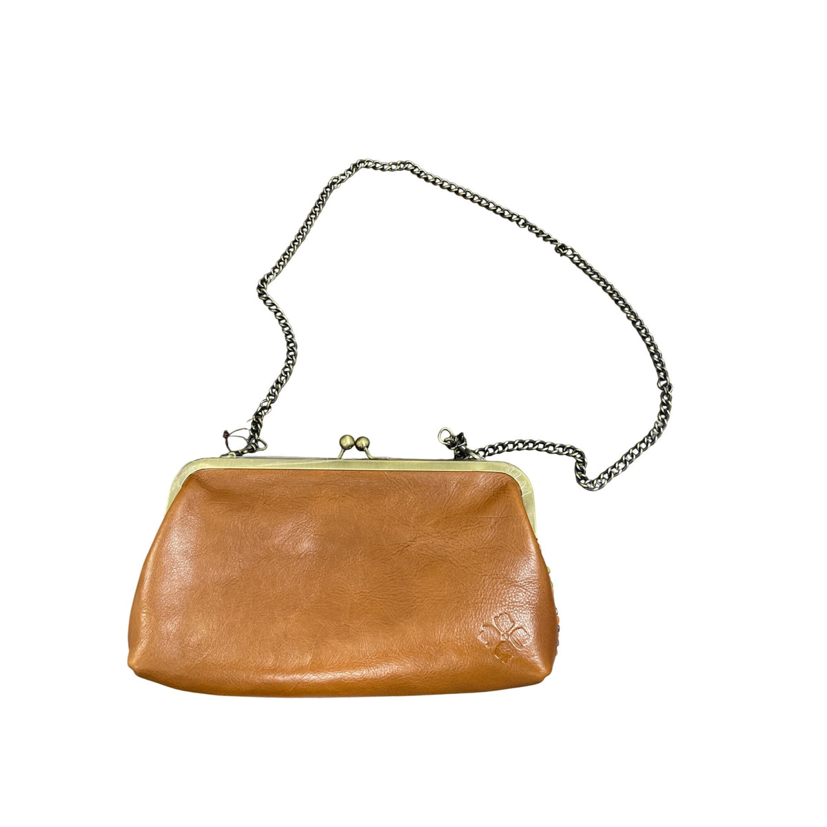 Colorful Beaded Chain Strap Handbag With Tan Leather Back & Kiss-Lock Closure