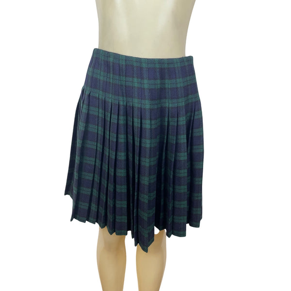 DKNY Womens Green & Navy Plaid Pleated Mini Skirt Button Closure Sz 6 - New