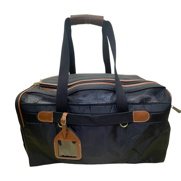 Sherpa’s Black Quilted Nylon Mesh & Leather Accents Pet Carrier Duffel Bag