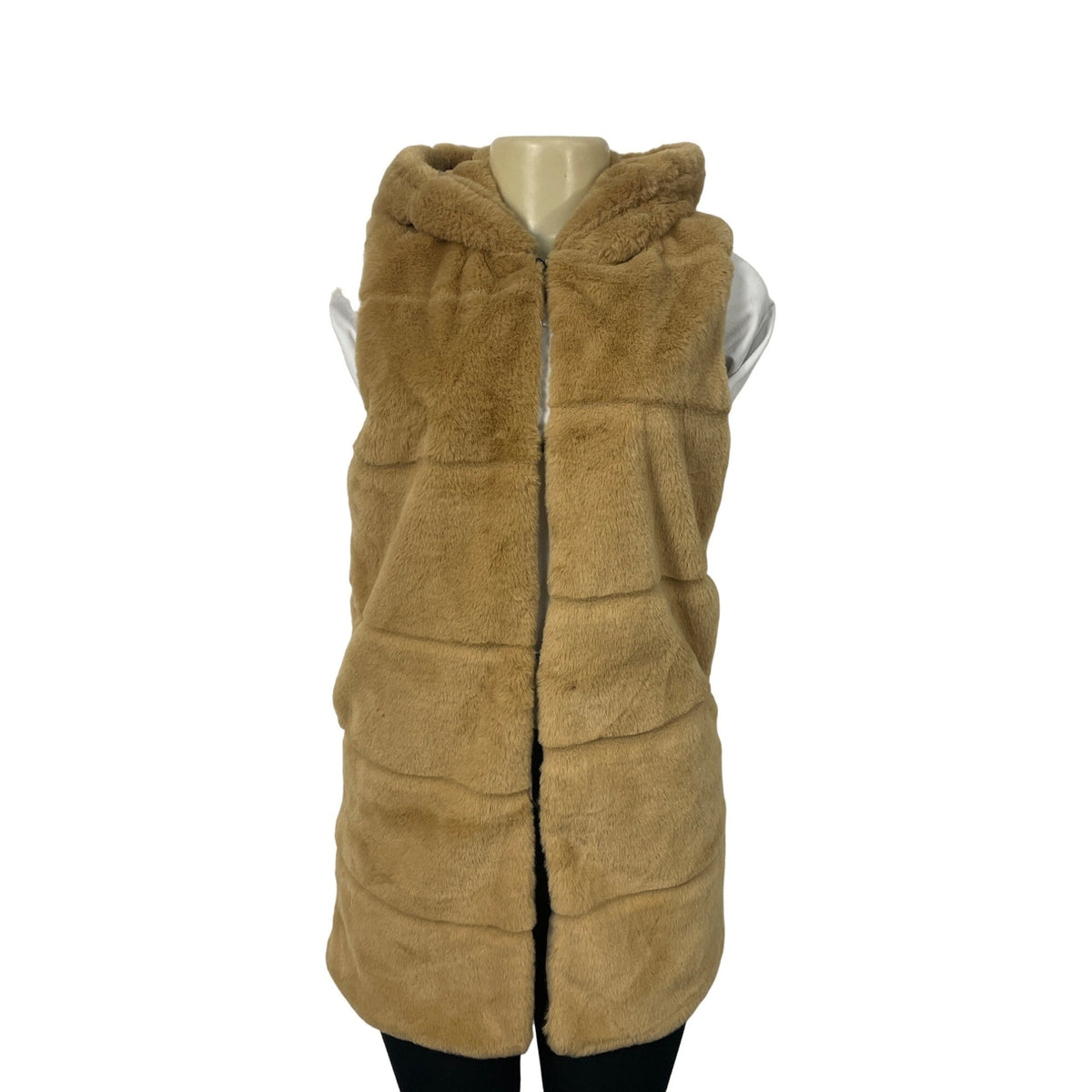 Women's Sand Brown Faux Fur Vest Qiye Size M, hook and eye clousure