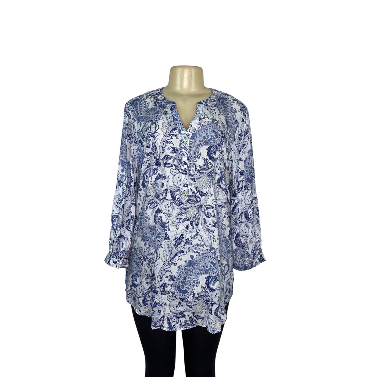 Grand & Greene Blue Womens Long Sleeve Paisley Tunic Top Size M