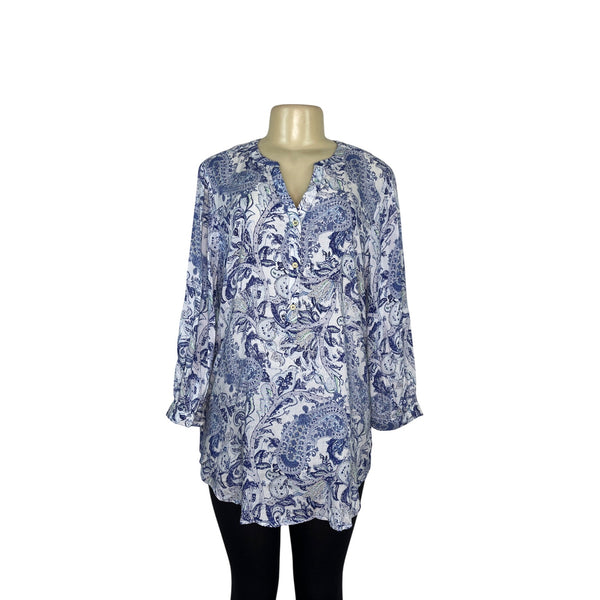 Grand & Greene Blue Womens Long Sleeve Paisley Tunic Top Size M