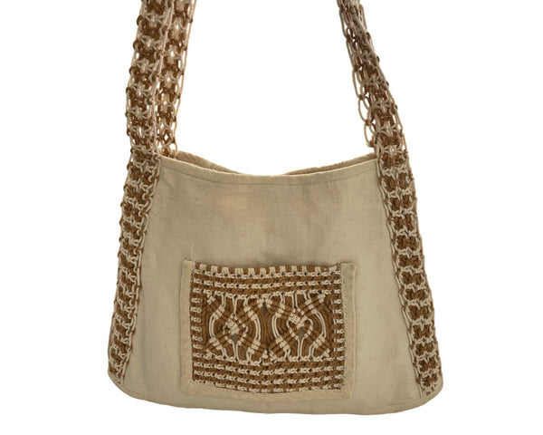 Handcrafted Neutral Shoulder Bag With Macrame Details & Front Pocket