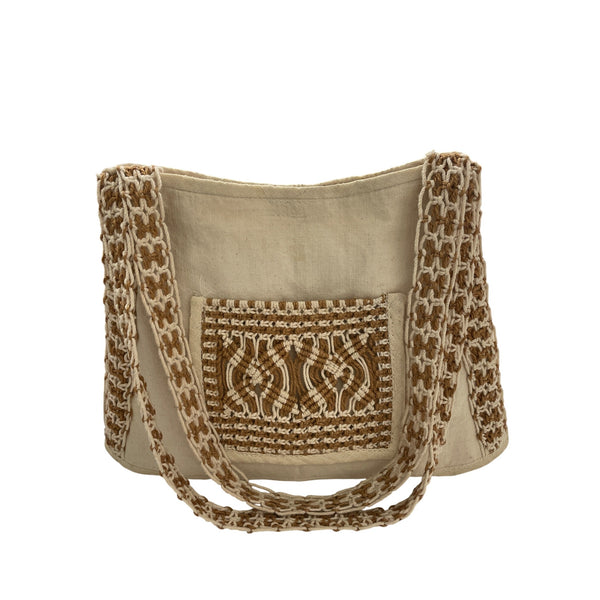 Handcrafted Neutral Shoulder Bag With Macrame Details & Front Pocket
