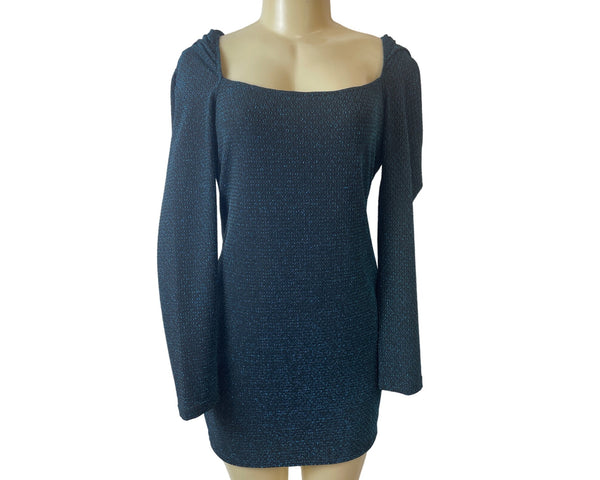 Row A Long Sleeve Square Neck Shimmer Open Back Mini Dress Size L