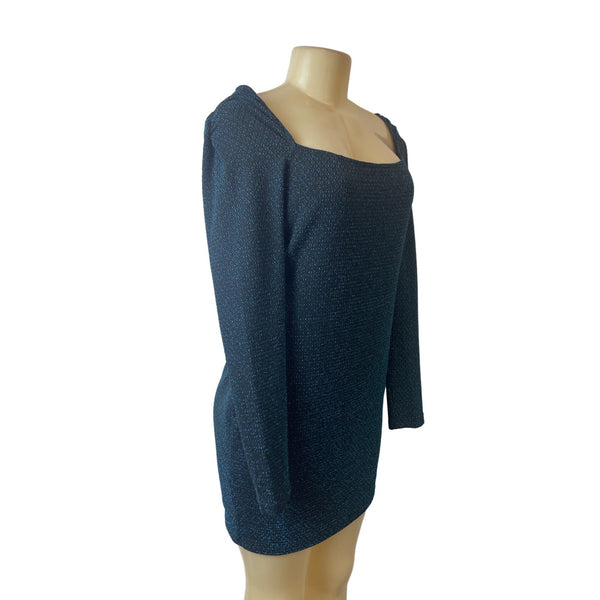 Row A Long Sleeve Square Neck Shimmer Open Back Mini Dress Size L
