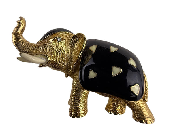 Ciner Gold Tone & Black Enamel Elephant Pin Brooch Rhinestone Accent Vintage
