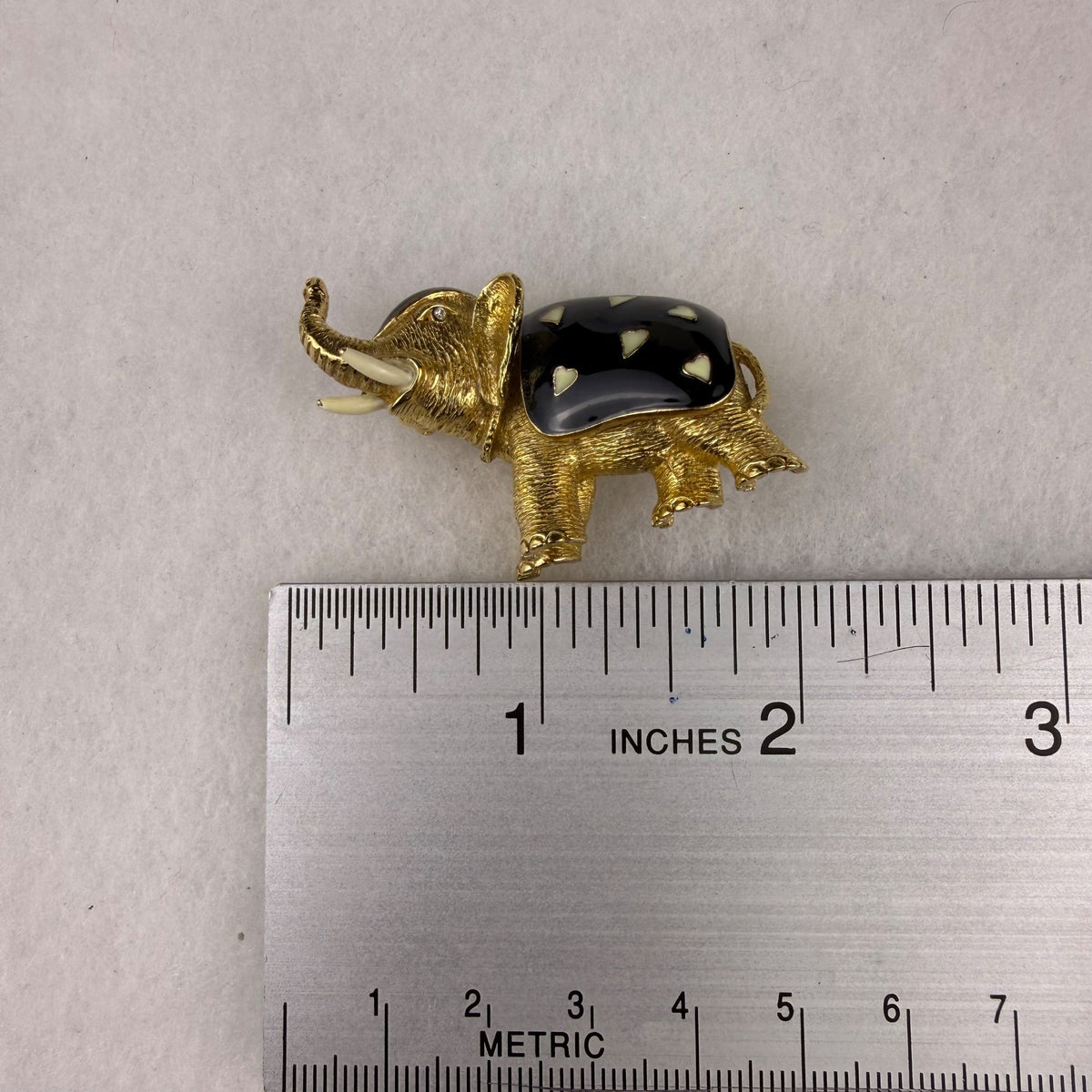 Ciner Gold Tone & Black Enamel Elephant Pin Brooch Rhinestone Accent Vintage