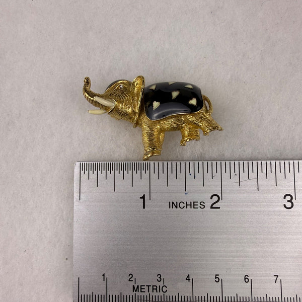 Ciner Gold Tone & Black Enamel Elephant Pin Brooch Rhinestone Accent Vintage