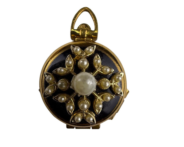 Coro Gold Tone & Black Vintage Round Triple Locket With Faux Pearls & Starburst