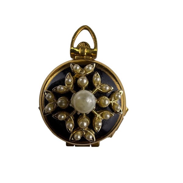 Coro Gold Tone & Black Vintage Round Triple Locket With Faux Pearls & Starburst