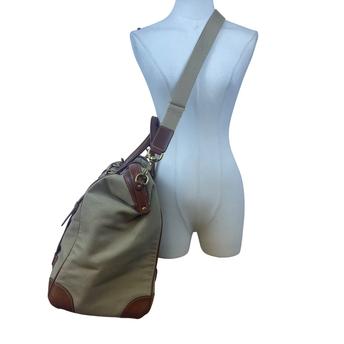 Brooks Brothers Men's Grey & Brown Canvas Leather With Shoulder Strap Travel Bag