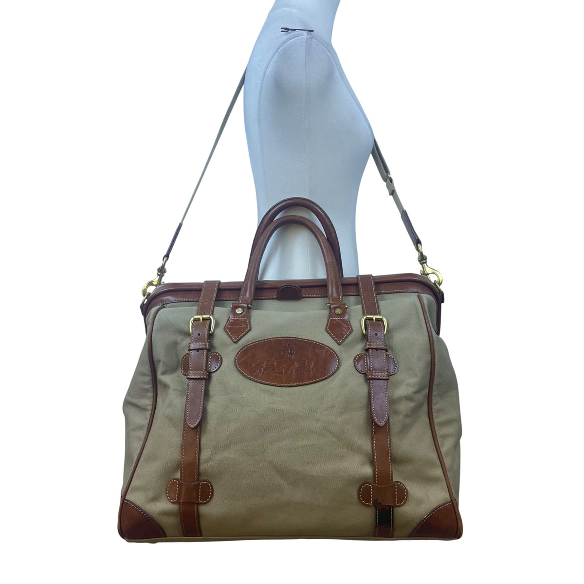 Brooks Brothers Men's Grey & Brown Canvas Leather With Shoulder Strap Travel Bag