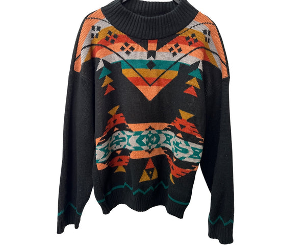 Clifton Place Mens Black Wool Knit Sweater With Tribal Pattern Design