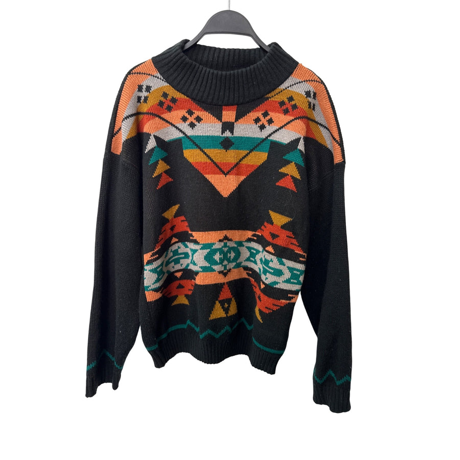 Clifton Place Mens Black Wool Knit Sweater With Tribal Pattern Design
