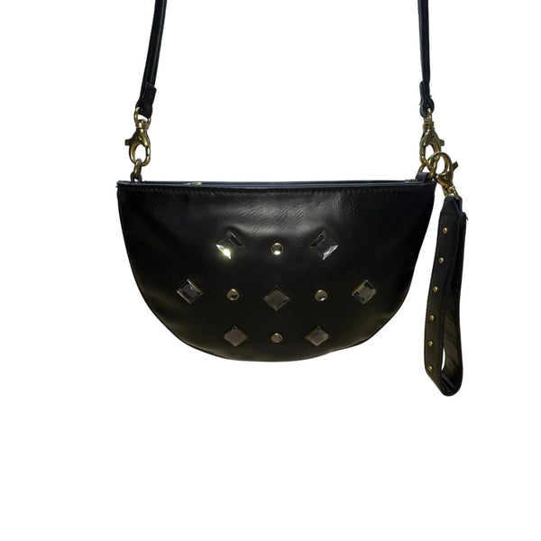 Fossil Women’s Black Studded Leather Crossbody Bag With Adjustable Strap Size S