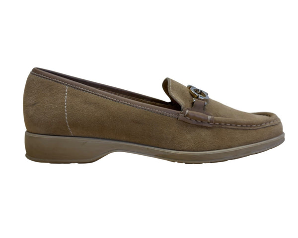 Salvatore Ferragamo Women’s Tan Suede Loafers With Gold Buckle Size 7.5B