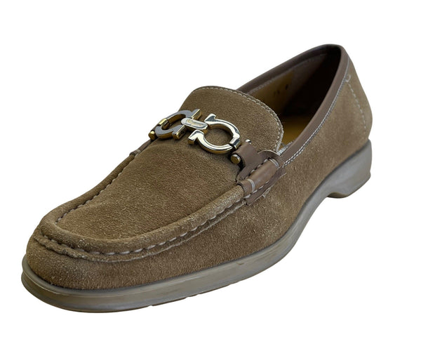 Salvatore Ferragamo Women’s Tan Suede Loafers With Gold Buckle Size 7.5B
