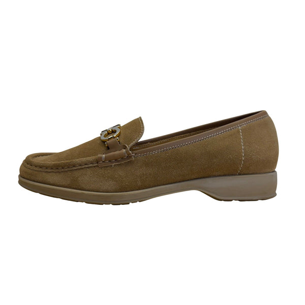 Salvatore Ferragamo Women’s Tan Suede Loafers With Gold Buckle Size 7.5B