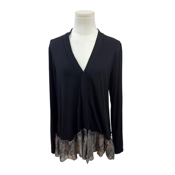 LOGO Black Long-Sleeve Cardigan With Sheer Floral Ruffle Hem Womens Size S