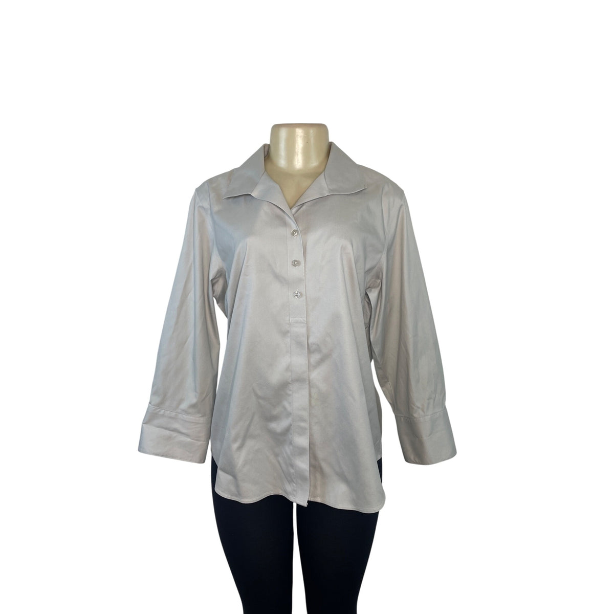 Chicos No-Iron 3/4 Sleeve Button-Up Shirt Size 2 100% Cotton Light Gray Womens