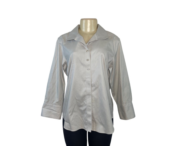 Chicos No-Iron 3/4 Sleeve Button-Up Shirt Size 2 100% Cotton Light Gray Womens