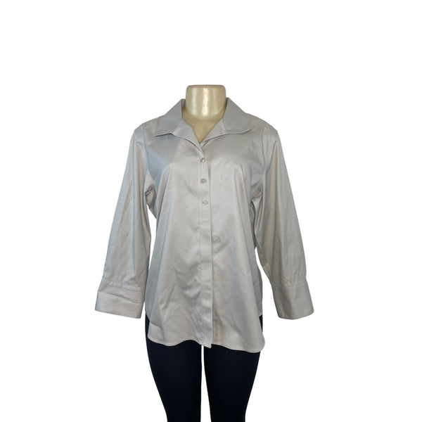 Chicos No-Iron 3/4 Sleeve Button-Up Shirt Size 2 100% Cotton Light Gray Womens