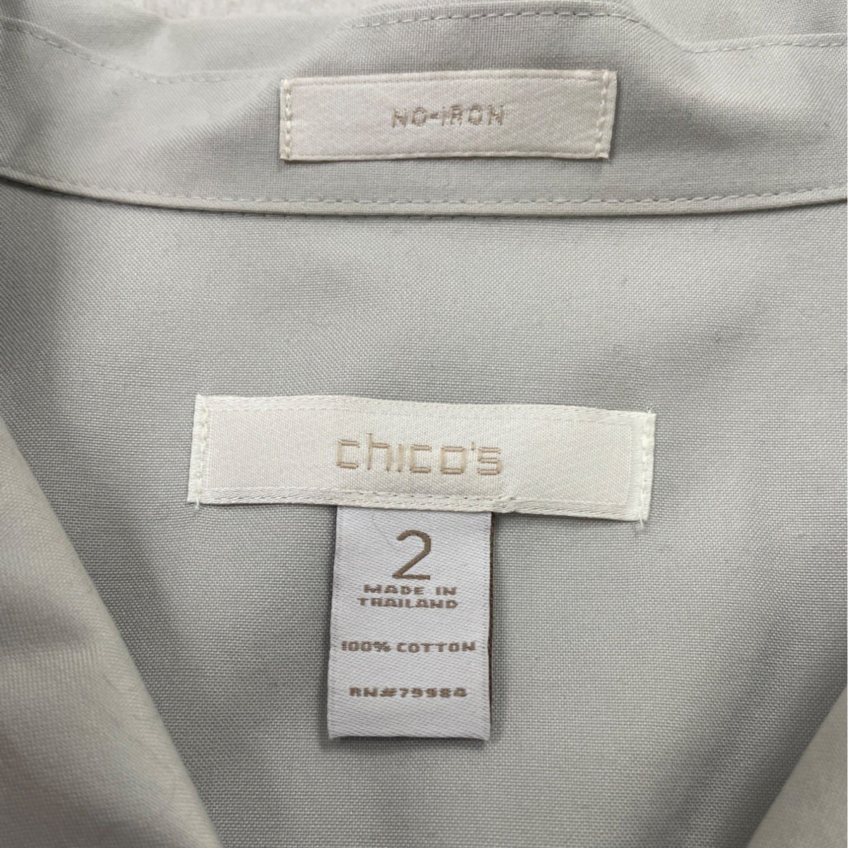 Chicos No-Iron 3/4 Sleeve Button-Up Shirt Size 2 100% Cotton Light Gray Womens