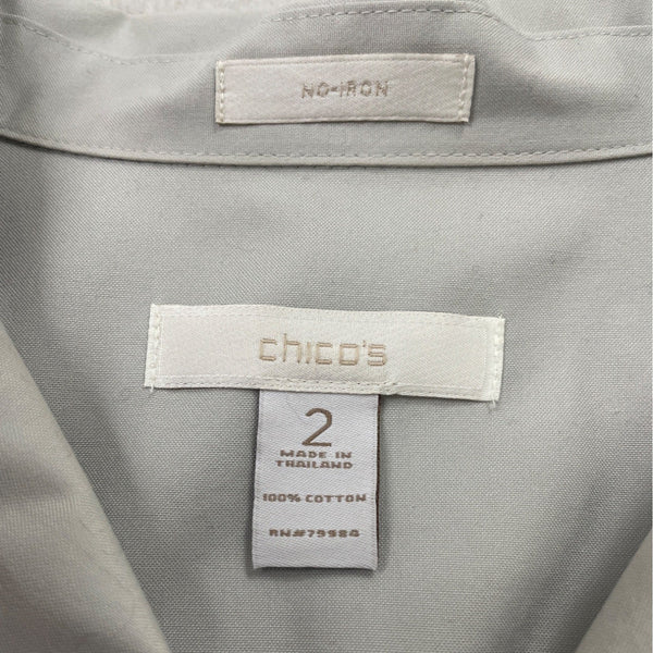 Chicos No-Iron 3/4 Sleeve Button-Up Shirt Size 2 100% Cotton Light Gray Womens