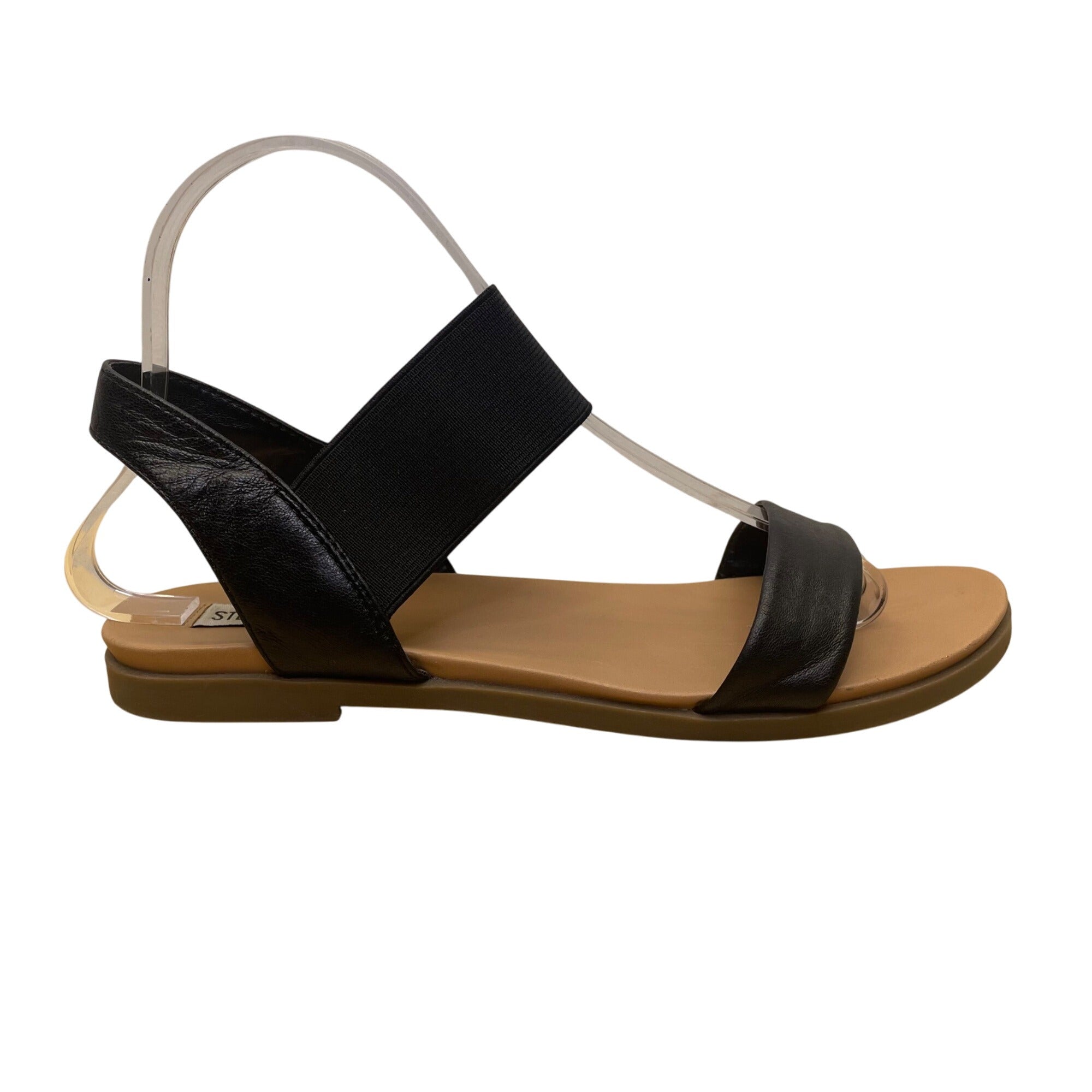Steve Madden Women's Black Elastic Strap Faux Leather Flat Sandals