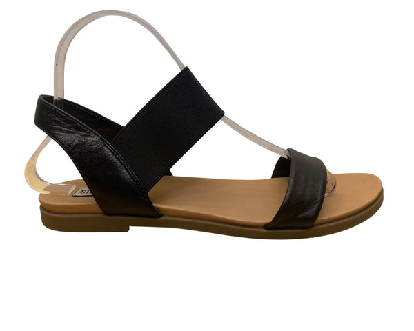 Steve Madden Women’s Black Elastic Strap Faux Leather Flat Sandals Size 7.5M