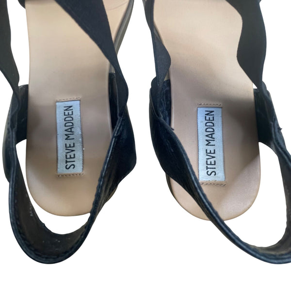 Steve Madden Women’s Black Elastic Strap Faux Leather Flat Sandals Size 7.5M