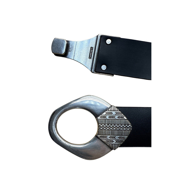 Chicos Black Adjustable Faux Leather Belt With Silver-Tone Tribal Buckle Design