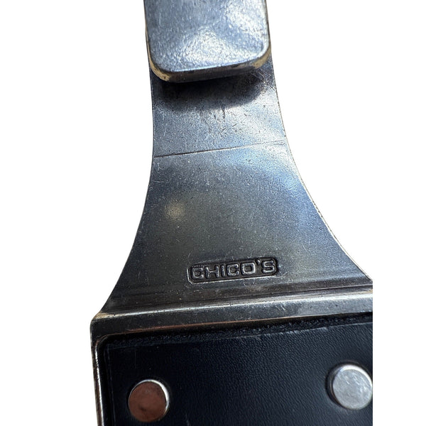 Chicos Black Adjustable Faux Leather Belt With Silver-Tone Tribal Buckle Design