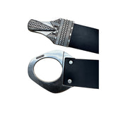 Chicos Black Adjustable Faux Leather Belt With Silver-Tone Tribal Buckle Design