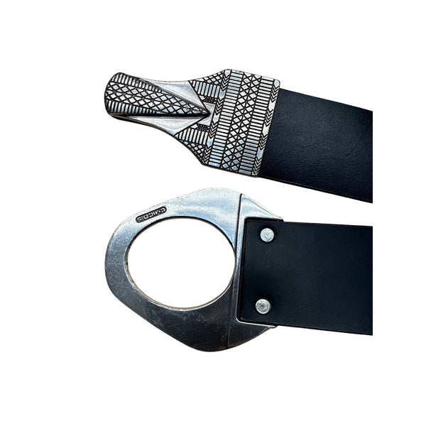 Chicos Black Adjustable Faux Leather Belt With Silver-Tone Tribal Buckle Design