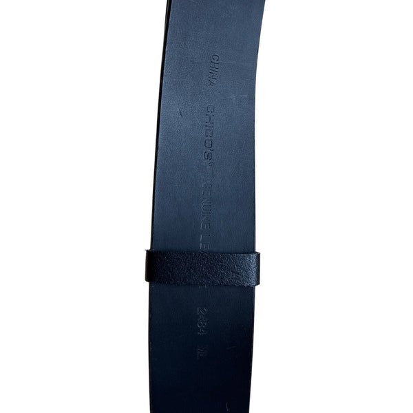 Chicos Black Adjustable Faux Leather Belt With Silver-Tone Tribal Buckle Design