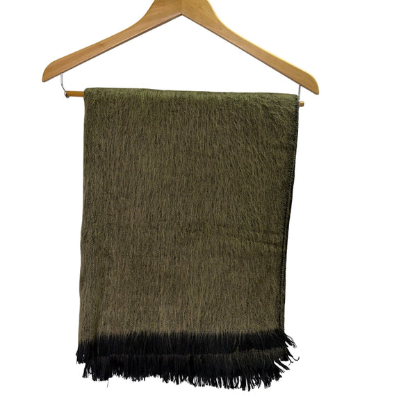 Olive Green & Black Fringed Throw Or Scarf Wool Blend Soft Textured Warm Design