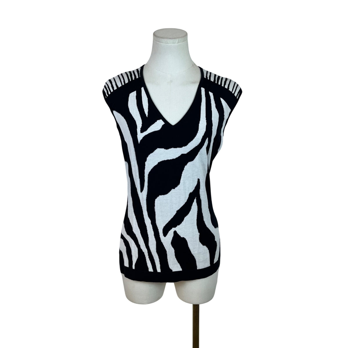 Lafayette 148 Black/White V-Neck Zebra Print Sleeveless Sweater Top Sz S - New