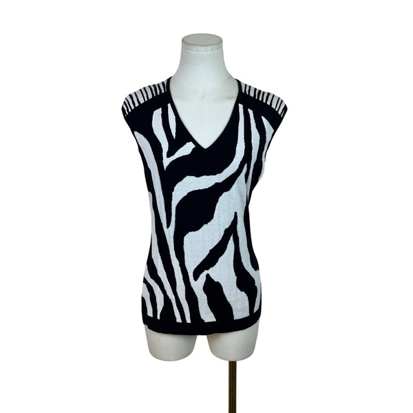 Lafayette 148 Black/White V-Neck Zebra Print Sleeveless Sweater Top Sz S - New