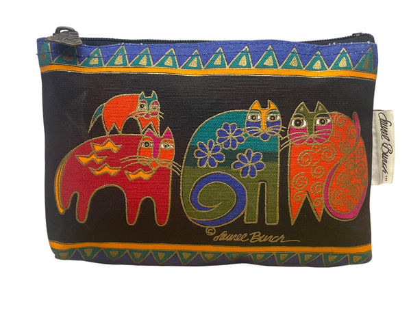 Laurel Burch Women’s Black Multicolor Cotton Cat Print Zipper Pouch Bag Size S