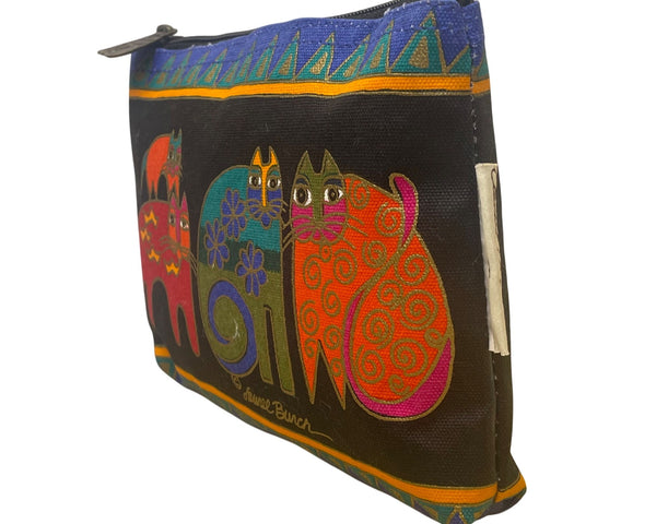 Laurel Burch Women’s Black Multicolor Cotton Cat Print Zipper Pouch Bag Size S