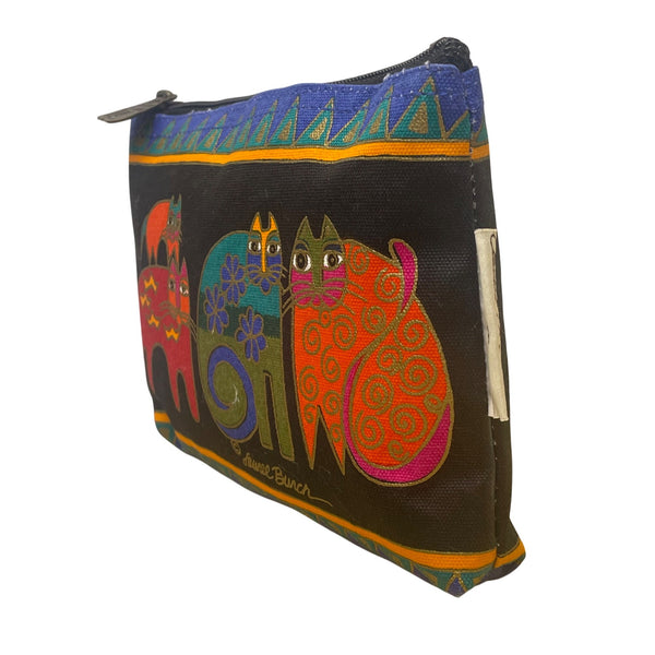 Laurel Burch Women’s Black Multicolor Cotton Cat Print Zipper Pouch Bag Size S