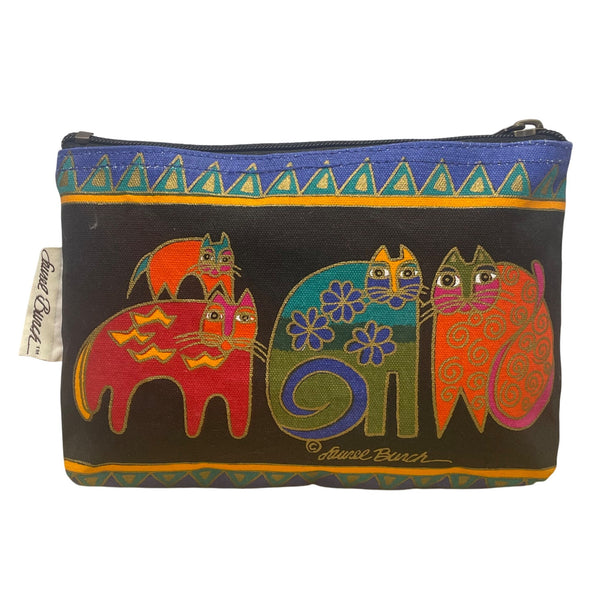 Laurel Burch Women’s Black Multicolor Cotton Cat Print Zipper Pouch Bag Size S