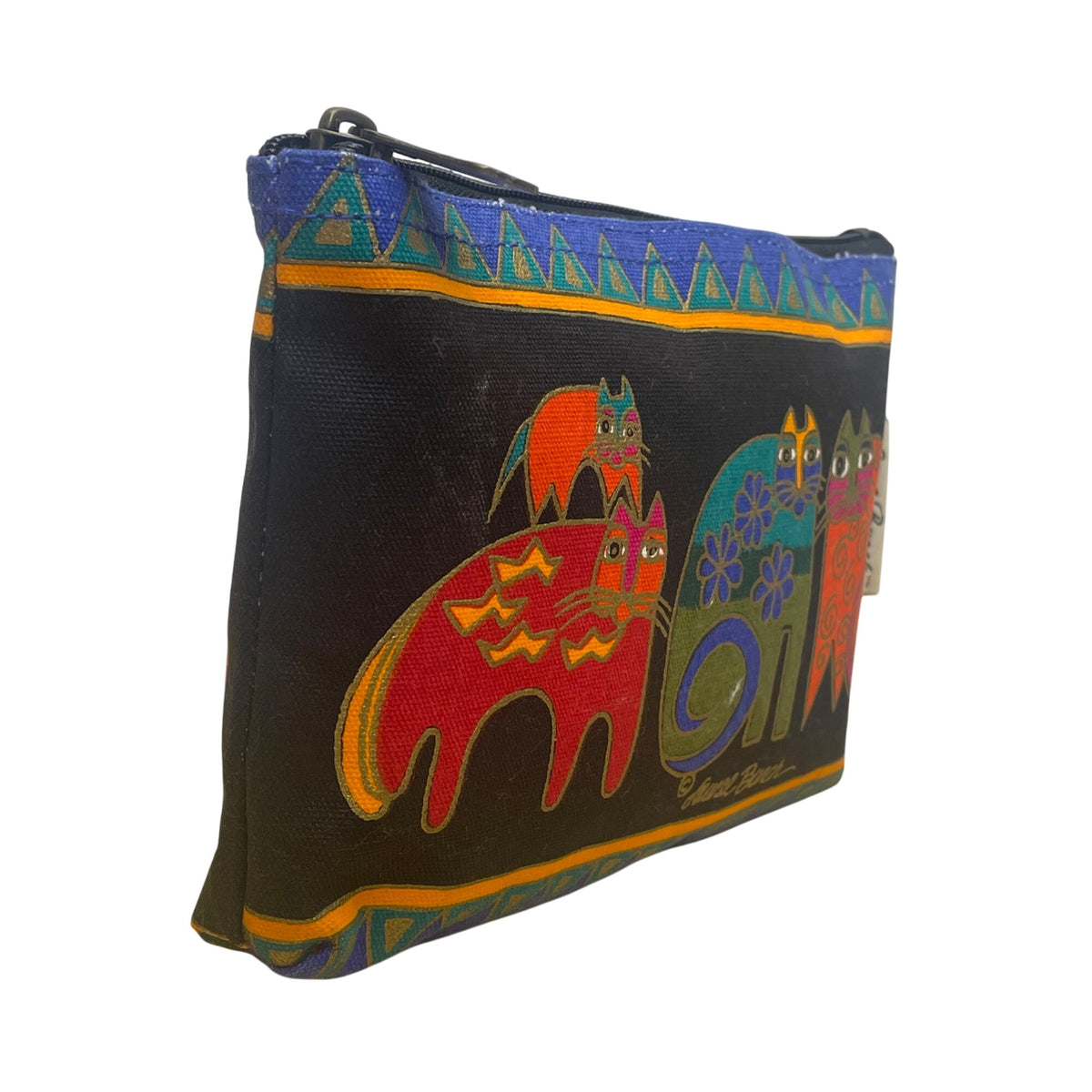 Laurel Burch Women’s Black Multicolor Cotton Cat Print Zipper Pouch Bag Size S