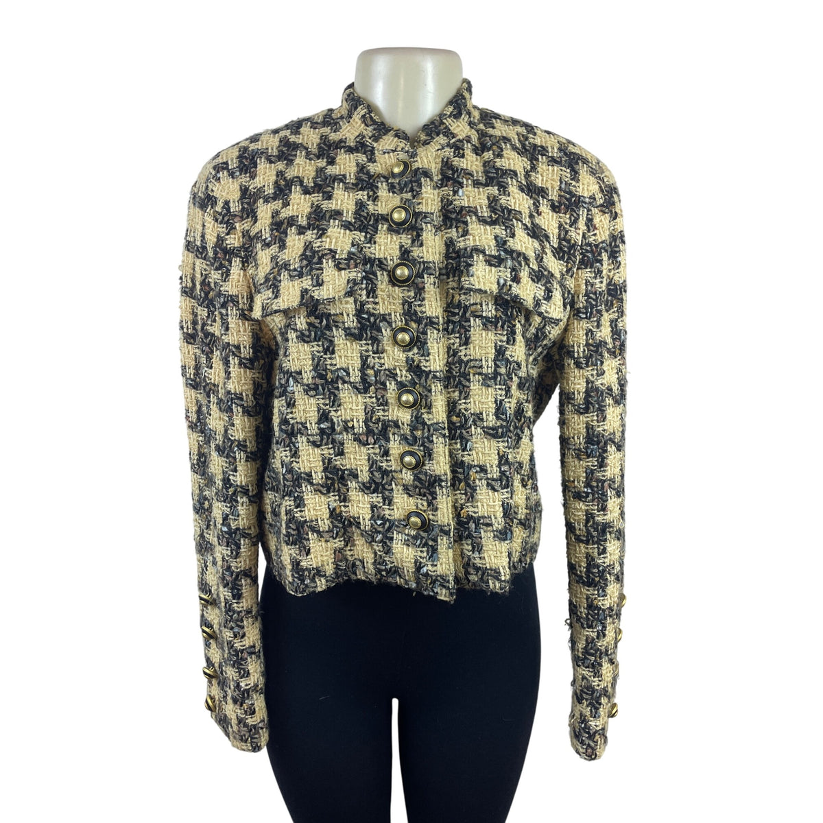 Carlisle Houndstooth Tweed Cropped Jacket With Gold Button Details Sz 10