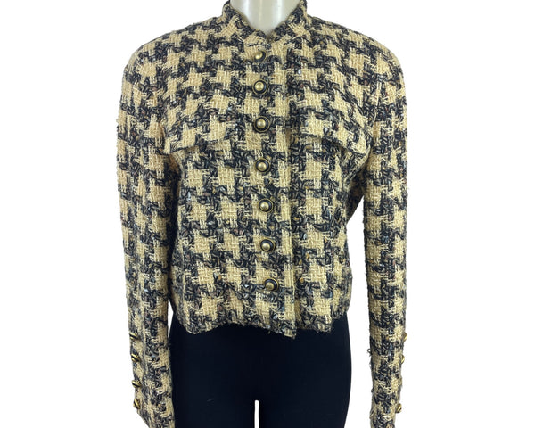Carlisle Houndstooth Tweed Cropped Jacket With Gold Button Details Size 10