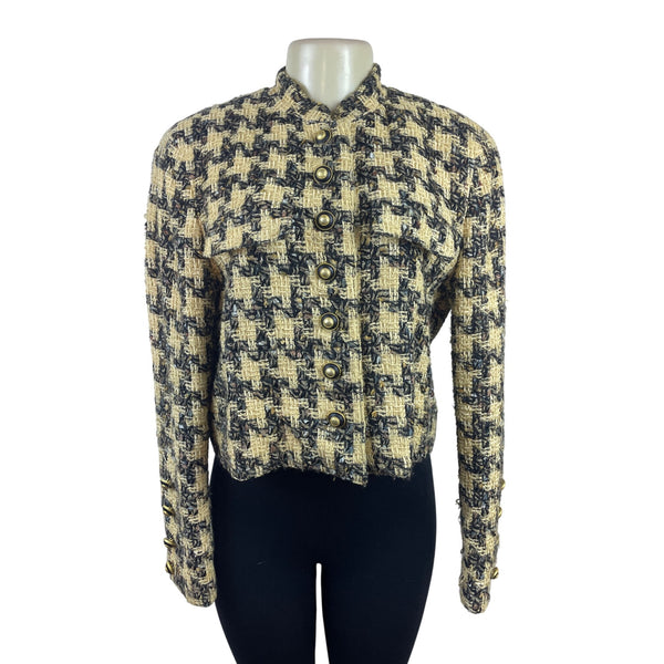 Carlisle Houndstooth Tweed Cropped Jacket With Gold Button Details Sz 10