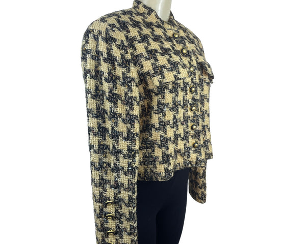 Carlisle Houndstooth Tweed Cropped Jacket With Gold Button Details Size 10